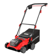 Photo of Craftsman CMCOE210P2 red and black electric lawn mower with rear grass bag, angled view.