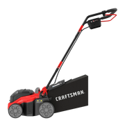 Photo of Craftsman cordless lawn mower CMCOE210P2, red and black, side angle view, grass bag attached.