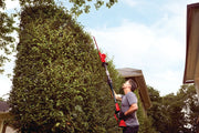 Photo of person trimming tall hedge with CRAFTSMAN pole hedge trimmer, SKU CMCPHT818D1, in outdoor garden setting.
