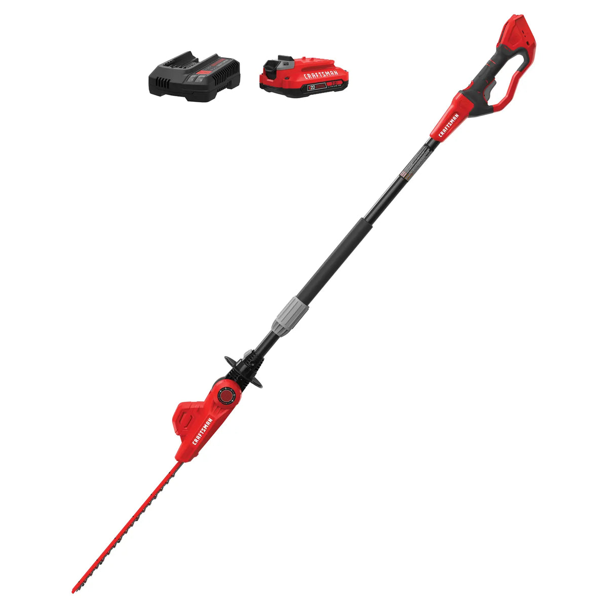 Photo of Craftsman pole hedge trimmer CMCPHT818D1 with battery and charger, angled on white background.
