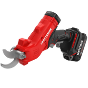 Photo of Craftsman CMCPR320C1 cordless pruning shear, red and black, angled on white background.