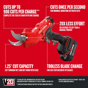 Photo of Craftsman CMCPR320C1 cordless electric pruner with black and red ergonomic handle, showing key features on red background.