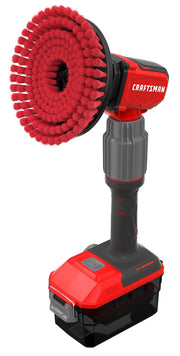 A red and black cordless power scrubber with a large circular red bristle brush attached at the top. The tool is standing upright and prominently displays the brand name 'Craftsman' on its side.