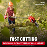 Photo of CRAFTSMAN pole saw CMCPS630B cutting a tree branch outdoors, shown in use with protective gear.