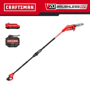 Craftsman V20 brushless pole saw kit CMCPS630D1, side view with battery and charger on white background.