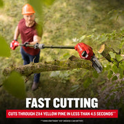Photo of Craftsman V20 pole saw CMCPS630D1 cutting a tree branch outdoors, operated by a person wearing safety gear.