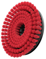 A close-up photo of a round brush attachment with densely packed red bristles arranged in concentric circles, mounted on a black base.