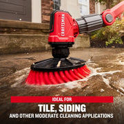Photo of CRAFTSMAN CMCPSMB power scrubber with red bristle brush cleaning outdoor tile, water splashes visible.