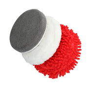 Three round cleaning pads are stacked together. The top pad is grey and made of microfiber material, the middle pad is white and fluffy, and the bottom pad is red with soft, noodle-like fibers.