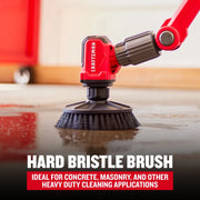 Close-up photo of CRAFTSMAN hard bristle brush attachment CMCPSMHB cleaning wet concrete floor, heavy-duty power scrubber.