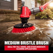 Photo of Craftsman medium bristle brush CMCPSMHB cleaning outdoor stone tiles with red bristles and water.