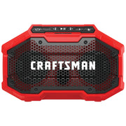Craftsman CMCR001B rugged red Bluetooth speaker, front angle, hex grille, control buttons visible.