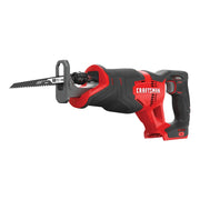 Photo of Craftsman cordless reciprocating saw, red and black, model CMCS300B, side angle on white background.