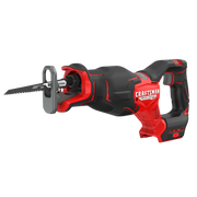 Photo of CRAFTSMAN brushless cordless reciprocating saw, black and red, SKU CMCS351B, side angle.