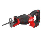 Photo of Craftsman cordless reciprocating saw CMCS351B, black and red, angled on white background.