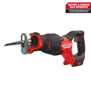 Craftsman CMCS351B brushless cordless reciprocating saw, red and black, side angle, no battery attached.
