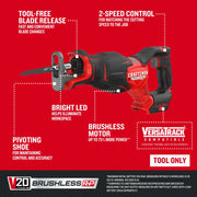 Photo of Craftsman CMCS351B brushless cordless reciprocating saw, red and black, front angle with feature callouts.