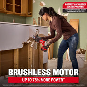 Craftsman CMCS351B cordless reciprocating saw used for drywall demolition, visible brushless motor graphics.
