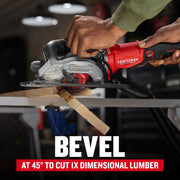 Photo of Craftsman cordless circular saw CMCS405B cutting wood at a 45-degree bevel angle.