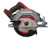 Photo of CRAFTSMAN brushless cordless circular saw, model CMCS550B, side angle, black and red handle.