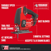 Photo of Craftsman V20 cordless jigsaw CMCS600B, side angle, showing features like variable speed trigger and dust blower.