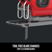 CRAFTSMAN CMCS600B jigsaw close-up, showing tool-free blade change for T and U shank blades, side angle.