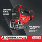 Photo of Craftsman cordless jigsaw CMCS650B with brushless motor and variable speed trigger, shown at side angle on white background.