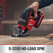 Photo of Craftsman cordless jigsaw CMCS650B in use, red and black, brushless motor, cutting wood.