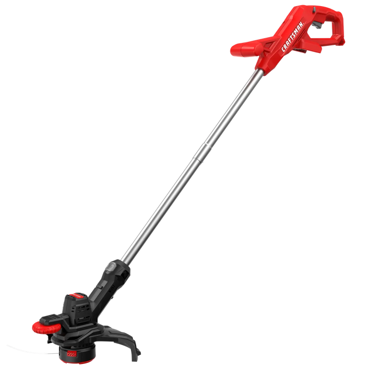 Photo of CRAFTSMAN cordless string trimmer, red and black, side view, SKU CMCST915B.