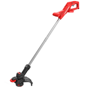 Photo of Craftsman CMCST915B cordless string trimmer with red handle, long silver shaft, and black trimming head, side angle.
