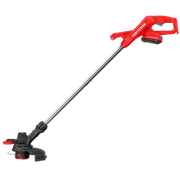 Photo of CRAFTSMAN CMCST915D1 cordless string trimmer, red and black, side angle on white background.