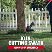 Craftsman cordless string trimmer CMCST915D1 used around tree, 10-inch cutting swath shown in outdoor setting.