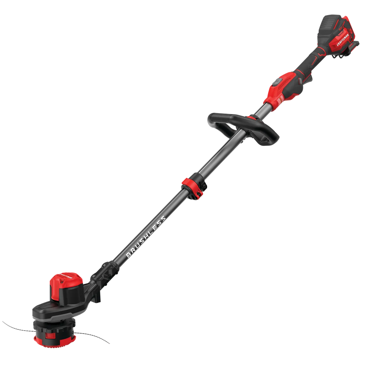 CRAFTSMAN brushless string trimmer CMCST920B, side angle, black and red, on white background.