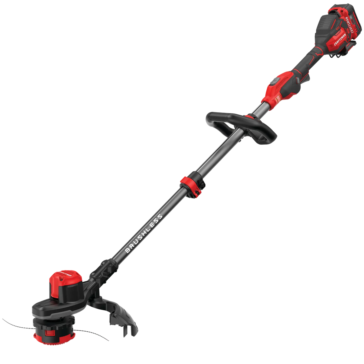 Photo of Craftsman cordless string trimmer, black and red, model CMCST920M1, angled on white background.