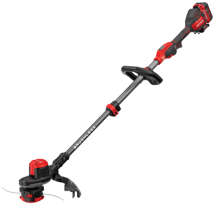 Photo of Craftsman cordless string trimmer, black and red, model CMCST920M1, angled on white background.