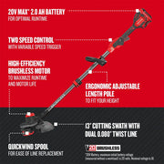 Craftsman cordless string trimmer CMCST920M1 side angle on white, key features called out in red and black background.