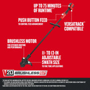Craftsman V20 brushless cordless string trimmer CMCST930P1, red and black, features labeled on red background.