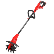 Photo of Craftsman CMCTL320B cordless garden cultivator, red and black, angled on white background.