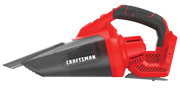 Photo of CRAFTSMAN handheld vacuum, CMCVH001B, red and black, side angle, white background.