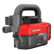 Red and black CRAFTSMAN portable cordless vacuum cleaner with flexible hose and clear dust container.