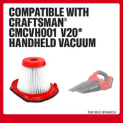 Photo of Craftsman CMCVHF10 vacuum filter with red and white pleated design, shown with compatible Craftsman handheld vacuum, front angle.