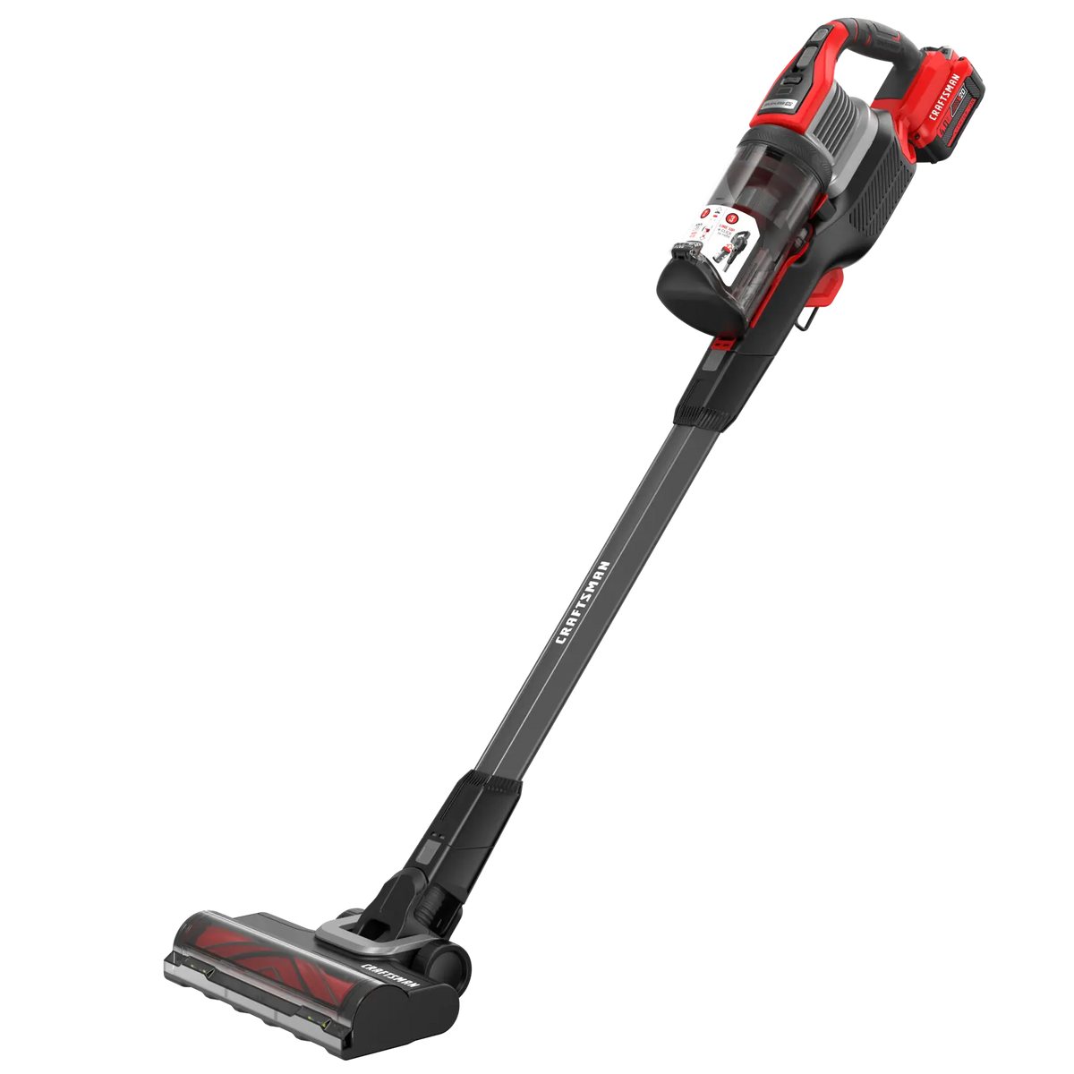 Photo of Craftsman cordless stick vacuum, model CMCVS501M1, black and red, side view on white background.