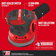 Photo of Craftsman V20 cordless random orbit sander, SKU CMCW220B, front angle, showing dust-sealed switch and dust bag.