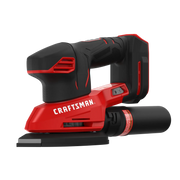 Photo of Craftsman cordless detail sander CMCW221B in red and black, side angle, with dust collection attachment.