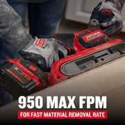 Photo of CRAFTSMAN cordless brushless belt sander CMCW223B in use on wood surface, battery visible.