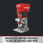 Photo of Craftsman cordless brushless router CMCW400B, front angle on white background, red and black housing.