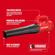 Photo of Craftsman leaf blower CMEBL710, side angle, red and black, two-speed, axial design, with built-in scraper.