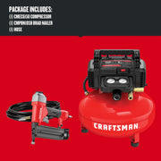 Photo of Craftsman air compressor kit CMEC1KIT18 with red compressor, brad nailer, and black hose on red background.