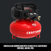 Photo of Craftsman air compressor CMEC1KIT18, red tank, black controls, angled view, portable and oil-free.