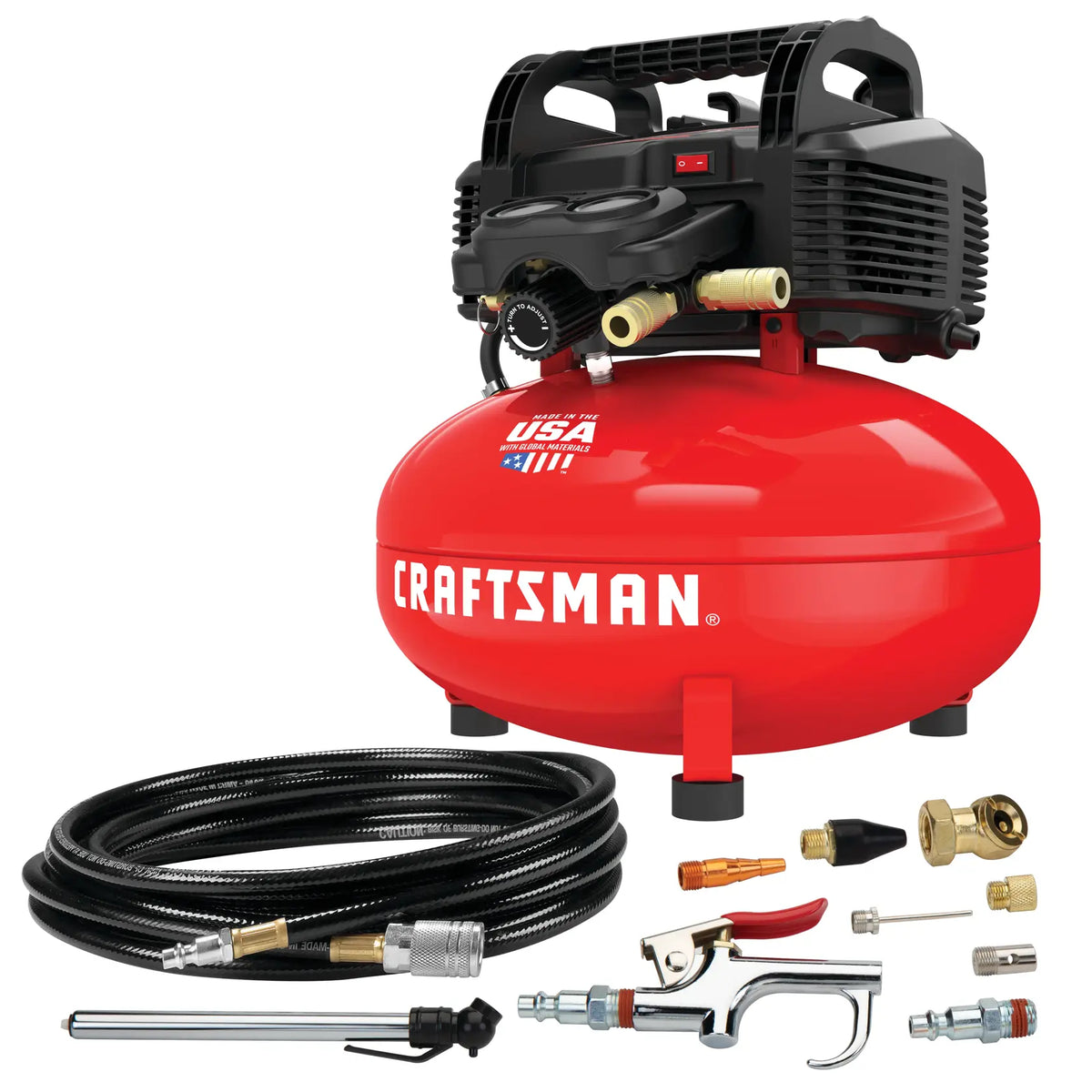 Photo of Craftsman air compressor CMEC6150K with red tank, black hose, and accessory kit on white background.
